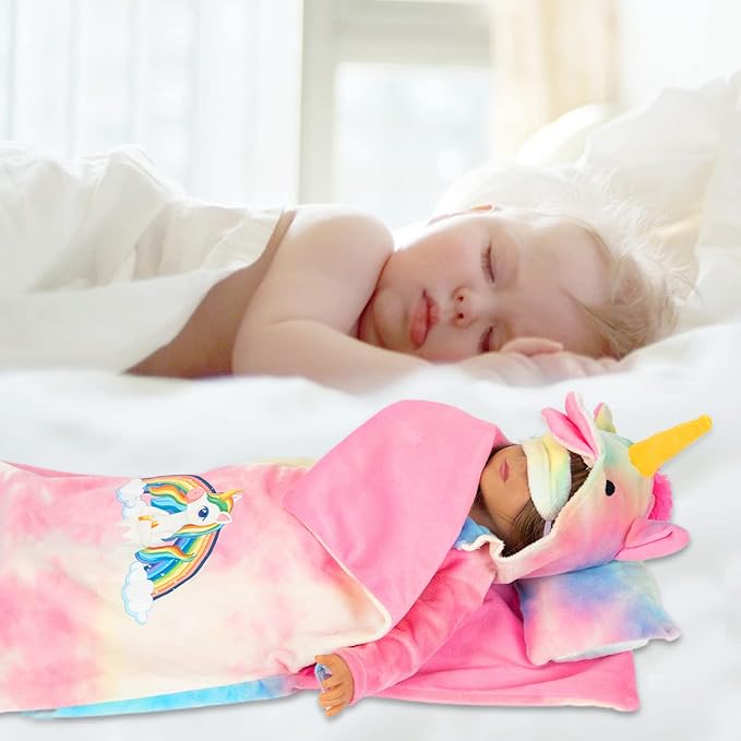 XFEYUE American 18 inch Doll Clothes and Sleeping Bag Set - Rainbow Unicorn Doll Costume with Unicorn Style Sleeping Bag, Pillow, Eye Mask Slumber Party Accessories Fits 18 Inch (NO Dolls)