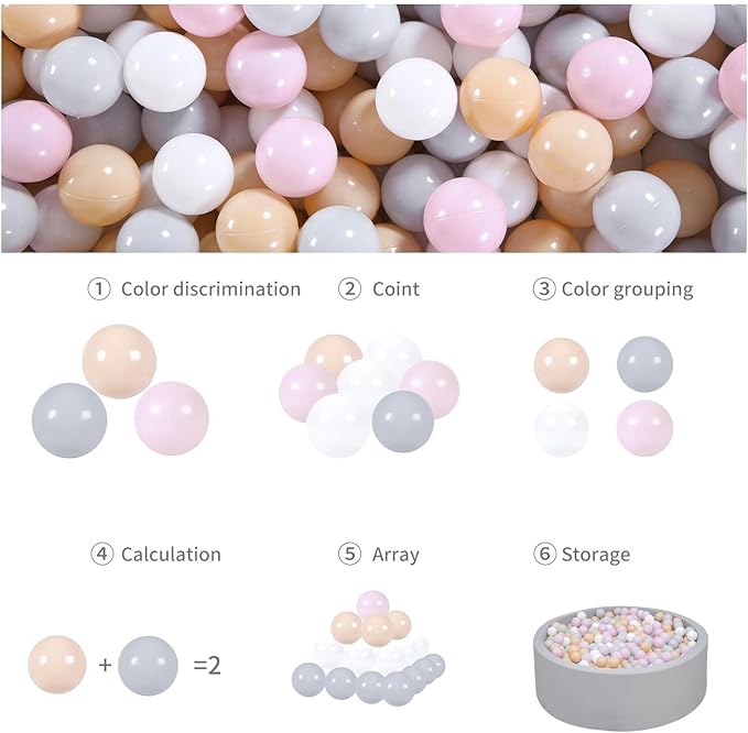 GOGOSO Ball Pit Balls for Toddler, Baby Plastic Playballs Kids Soft Pastel Pelotas Non-Toxic BPA-Free,Pink+Grey+Beige+White,100 Balls