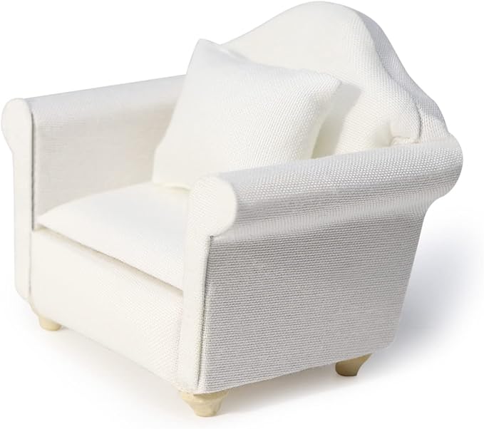 Dollhouse Couch Miniature Furniture Sofa with Pillows for Living Room Desktop Decoration Fabric Sofa Mini Home Scene Accessories Ornament (Single Sofa, White)