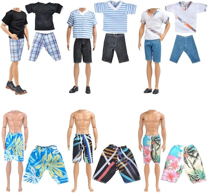 E-TING 15pcs Fashion Clothes Pack = 5pcs Casual Outfit + 5pcs Pants +5 Pairs Shoes for 12inches Boy Doll Random Style (Green Bomber Jacket + Daily Suit + Swimwear)