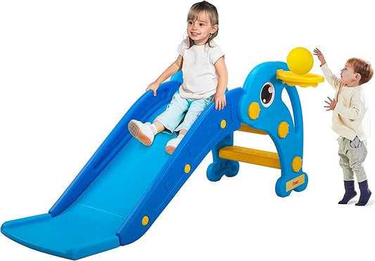 TOBBI Kids Slide for Indoor and Outdoor, Freestanding Slide for Toddler Playground Slipping Slide Climber Toy Playset with Basketball Hoop & Ball, Sky Blue