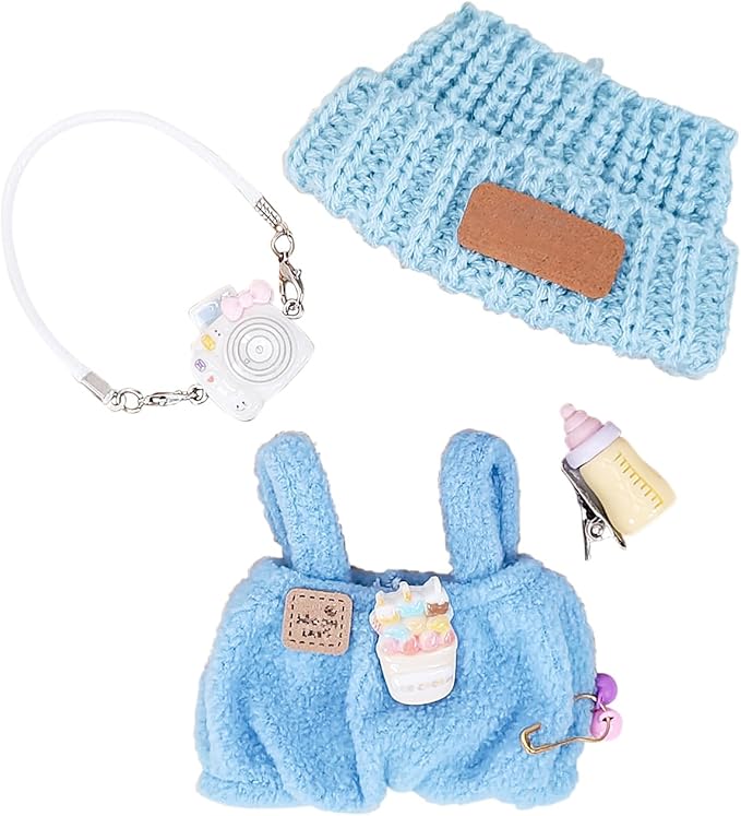 Doll Clothes for 17cm Dolls, Soft Knit Hat, Cozy Overalls, Camera, Bottle & Cute Accessories (No Doll) (Blue)