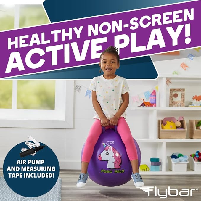 Flybar Hopper Ball for Kids, Inflatable Bouncy Ride-On Ball w/ Handle for Indoor & Outdoor Active Play, Includes Pump, Jump Ball Toy for Boys & Girls, Supports Up to 165 lbs, Ages 3+, 18-Inch, Small