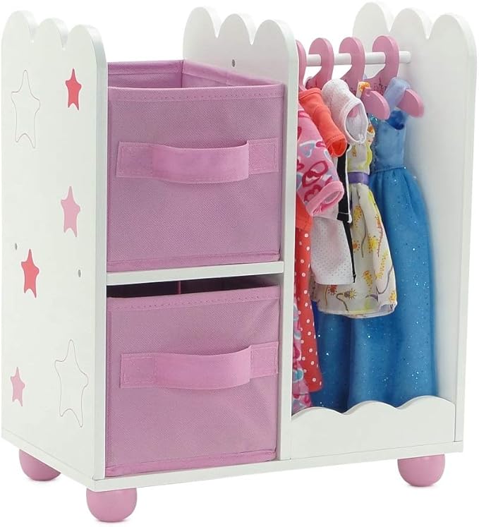 Emily Rose 14 Inch Doll Furniture - Open Wardrobe Closet with Hangers & Storage Bins - Wooden Organizer for Wellie Wishers, Glitter Girls & 14” Dolls