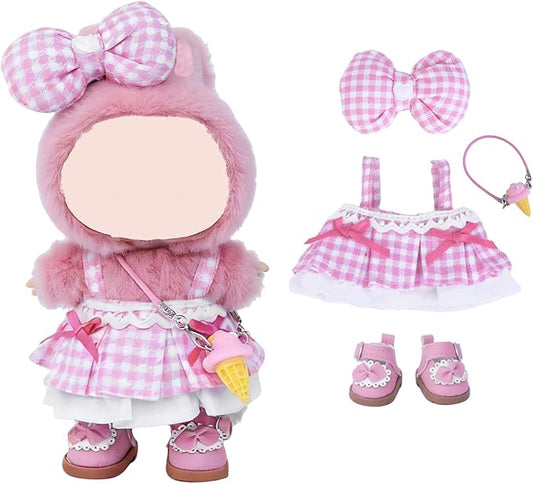 17cm Doll Clothes Sets(No Doll) Pink Checker Dress Outfits Handcrafted Designer Clothing Including Dress,Shoes,Bow Hair Accessory,Ice-Cream Decoration