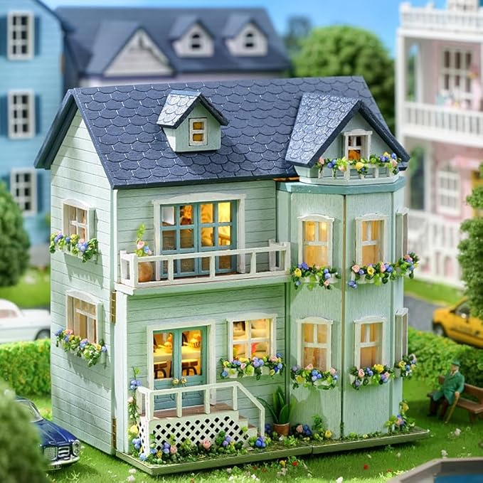 TuKIIE DIY Miniature Dollhouse Kit with Furniture, 1:32 Scale Creative Room Opened & Closed Mini Wooden Doll House for Kids Teens Adults(Warm House)