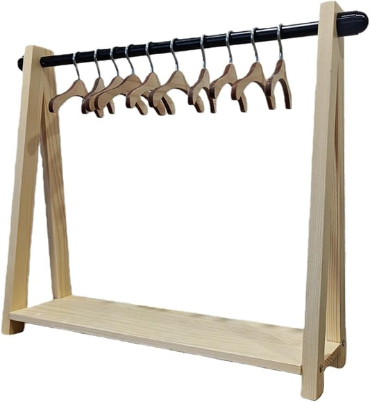 Wooden Doll Clothes Rack with 10 Mini Hangers & Storage Shelf - Portable Wardrobe Closet for 6-16 inch Mini Dolls Accessories,Clothes,Shoes,Bags