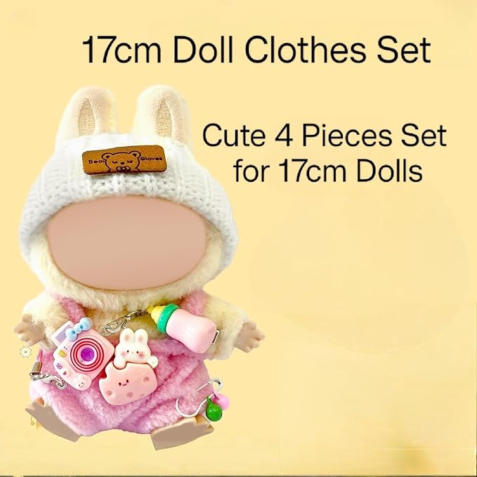 Doll Clothes for 17cm Dolls 4-Piece Set Knitted Hat Cute Clothe Suitable for Dolls Dress up, Keychain Accessories(NO Doll) (Pink)