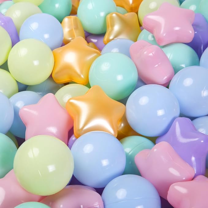 Star Ball Pit Balls for Toddlers -100pcs Macaron Stars and Balls for Ball Pits, Phthalate Free Non-Toxic Crush Proof Play Balls Play Tent Pool Playhouse Playpen Party Decoration.