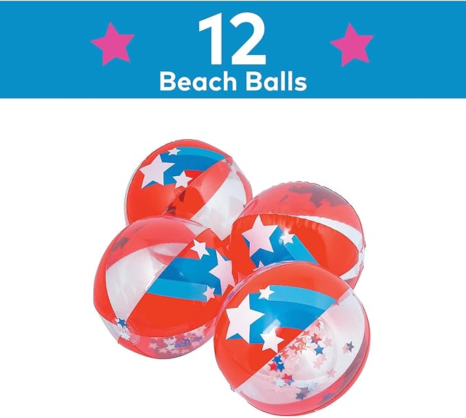 Fun Express Patriotic Confetti Beach Balls Bulk 12 Pack - Red White Blue Inflatable Pool Toys for 4th of July Party Decorations | Large 11 Inch Beach Ball Set for Kids Swimming Pool Party Favors