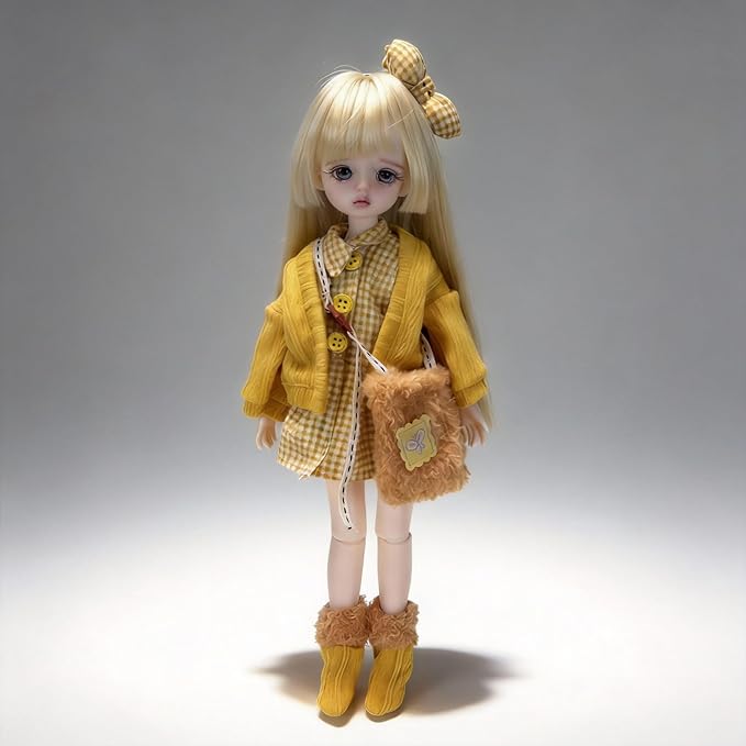 30cm YoSD 1/6 BJD Doll Clothes Set - Yellow Plaid Dress, Knit Cardigan, Bow Headband, Fuzzy Bag & Socks, Doll Accessories