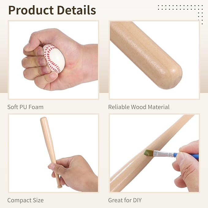 24PCS Mini Baseball Bats Mini Foam Sports Balls, 7.9 in Small Wooden Baseball Bats, 2 in Foam Baseball Balls, DIY Paintable Wood Bat for Baseball Party Supplies Sports Theme Decoration (24PCS)