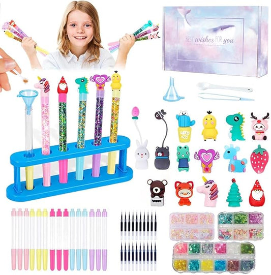 Topblux DIY Sparkle Pen Craft Kit for Kids Ages 6-12, Create 15 Custom Glitter Pens with Sequins Rubber Charms, Gift for Girls Birthday Art Projects Classroom Activity (15)