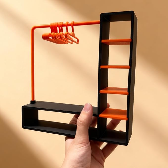 Doll Clothes Closet with 10 Hangers, Black & Orange Color Block Doll Accessories Display Wardrobe, Compatible with Fasion Doll Clothes,Portable Storage for Figures,Gift