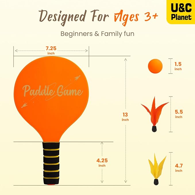 U&C Planet Beach Paddle Ball Set, Badminton Rackets, Family Game for Kids and Adults, Indoor Outdoor Game Backyard Park Camping Yard for Boys Girls Ages 3+, Beach Necessities Must Have