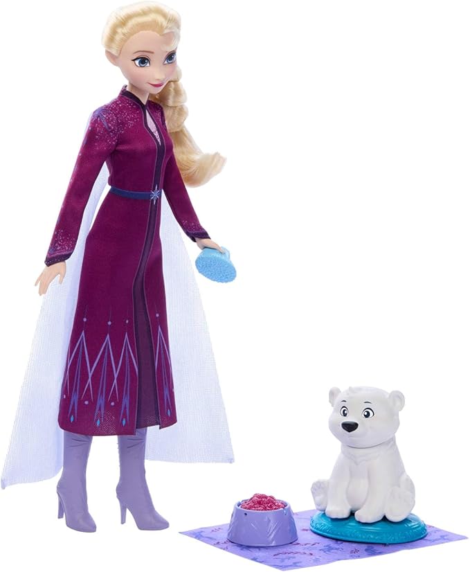 Mattel Disney Frozen Elsa Fashion Doll & Bear Cub Figure with 4 Accessories Including Animal Bed & Blanket, Inspired by Animals of Arendelle
