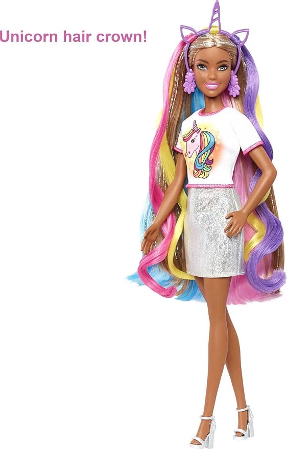 Barbie Fantasy Hair Doll & Accessories, Long Colorful Brunette Hair with Mermaid and Unicorn-Inspired Clothes