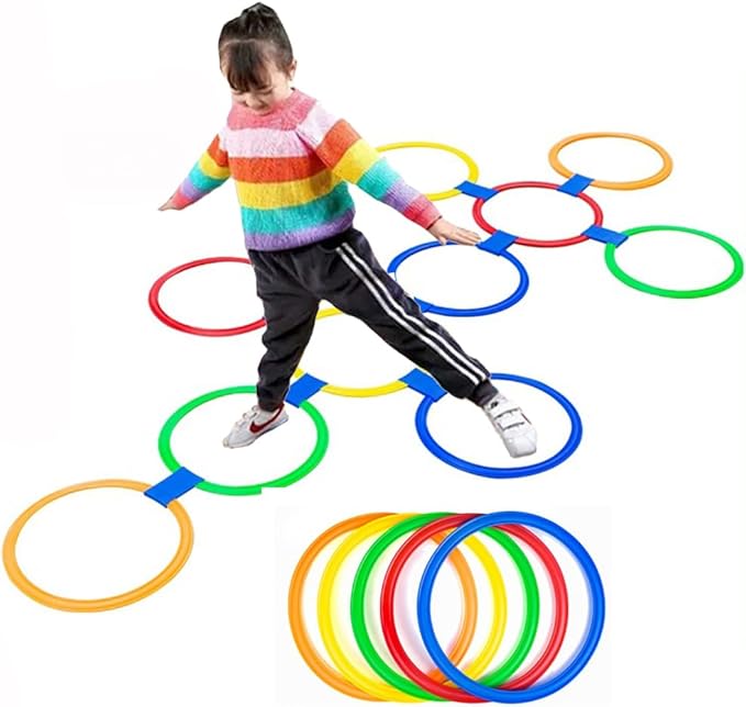 Hopscotch Rings- 11in Hopscotch Game Hoops Circles with 15 Connectors for Kids Balance Agility Training Obstacle Course, Children Birthday Fun Play Indoor Outdoor Backyard Playground Activity