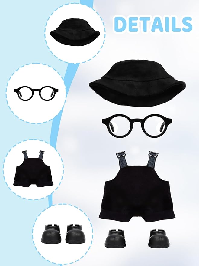 4PCS Doll Clothes Set for LABUBU 17cm Doll – Stylish Outfit with 4 Hat, 4 Overalls, 4 Shoes & 4 Glasses of Clothes Designer, Cute Clothes for Dress up Unique Style (Black+White+Brown+Pink)