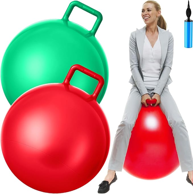 Lewtemi 2 Pcs 29 Inch Big Hopper Ball Jumping Hopping Inflatable Bouncing Ball with Handle and Air Pump for Adults Carnival Outdoor Sports Game(Red, Green)