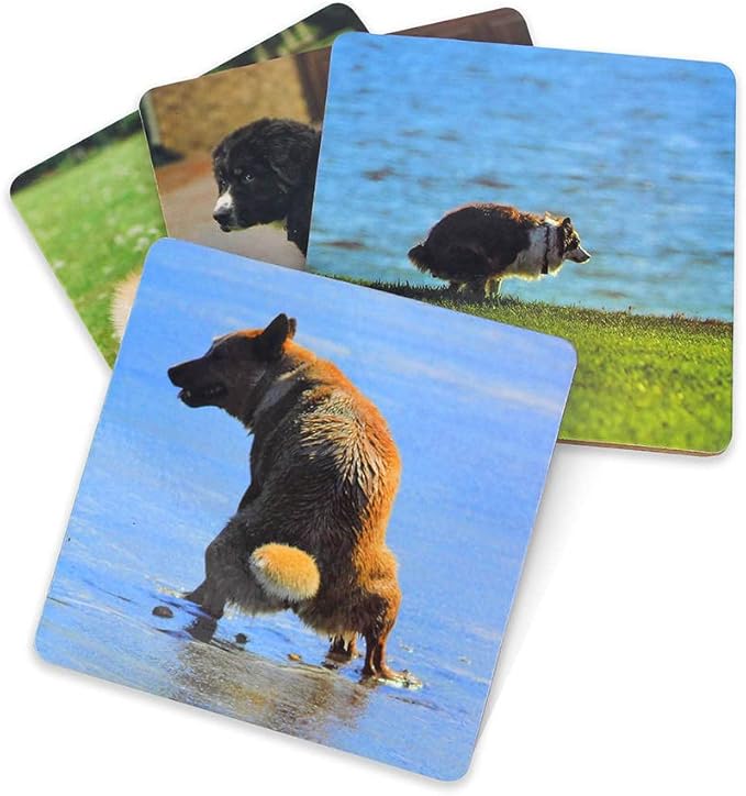 8 Pooping Dogs Funny Coasters for Drinks - Absorbent Cork Base Home Decor Coaster Set for Tabletop Protection, Dog Decor for Dog Lovers, Hilarious Drink Coasters Set Gag