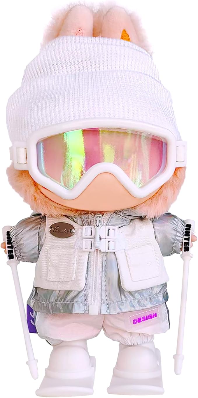 17cm Doll Clothes and Accessories Set for Lububu- Winter Snow Sports-Themed Ski Outfits with Mini Hat, Jacket, Pants, Poles, Goggles & Skiing, Designer Clothing for Big Into Energy Doll(White)