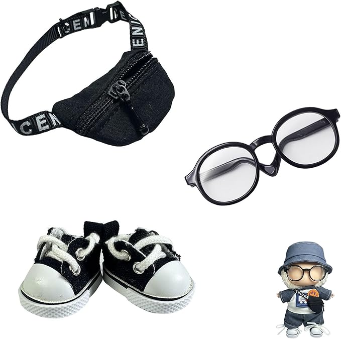 3pcs Lububu Doll Accessories Set Included Mini Glasses, Shoulder Bag and Canvas Shoes, Dress Up Accessories Replacement for 17cm Doll (Shoulder Bag - Black)