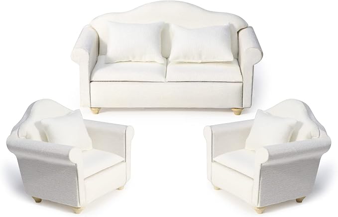 Dollhouse Couch Miniature Furniture Sofa with Pillows for Living Room Desktop Decoration Fabric Sofa Mini Home Scene Accessories Ornament (Sofa Set, White)