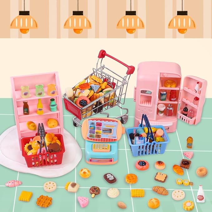 DULEFUN 143pcs Mini Shopping Cart Basket Miniature Food Drink Bottle Toys, Supermarket Shelve Metal Handcart Cash Register for Dollhouse Store AccessoryPretend Play Cosplay Game Kids Party Favor