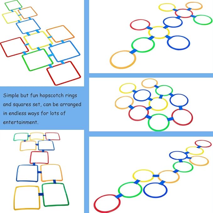 Hopscotch Squares and Hopscotch Ring Games 11in/ 15in with 30 Connectors for Kids Balance Agility Training Obstacle Course, Indoor Outdoor Backyard Activity, Birthday Fun Play for Boys Girls