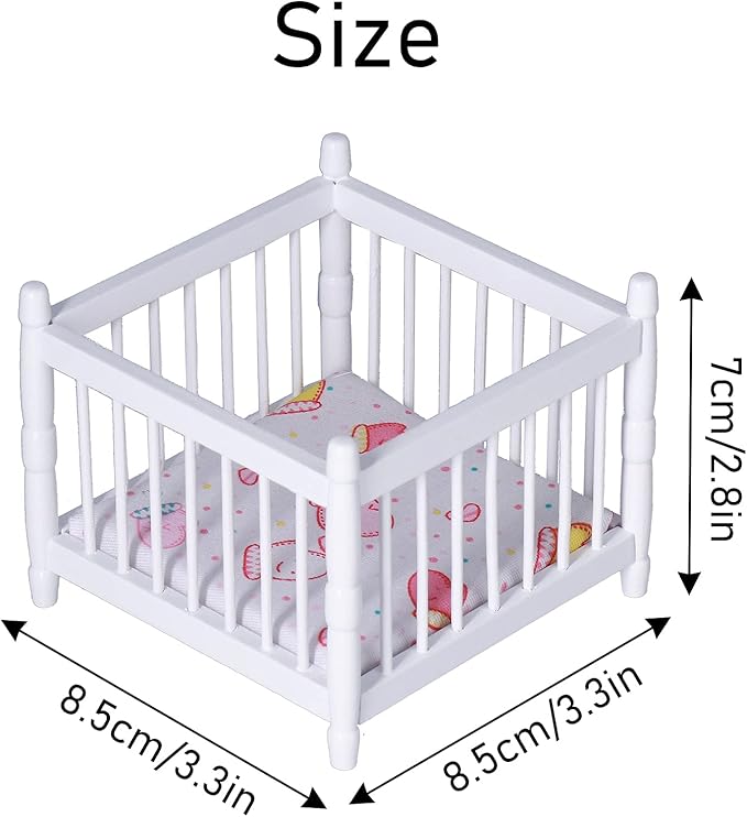 1:12 Scale Wooden Doll House Baby Bed DIY Miniature Doll House Mini Furniture Accessories with Mattress Square Bed White Children's Day Gift