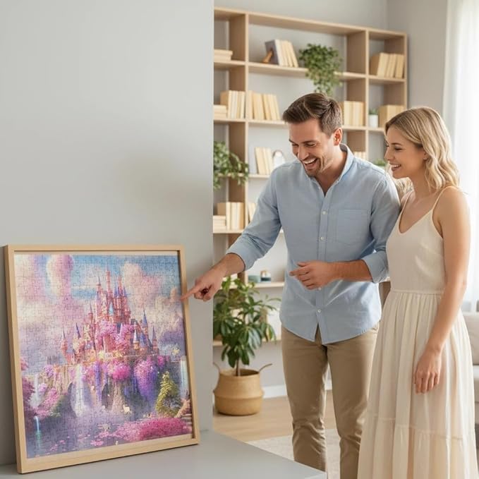 Dreamy Pink Castle Fantasy Art Puzzle 1000 Pieces with Letters on Back Only, Cherry Blossom Waterfall Scenery Jigsaw Puzzles for Adults, Includes Poster & Storage Bag, 29.5x19.7in
