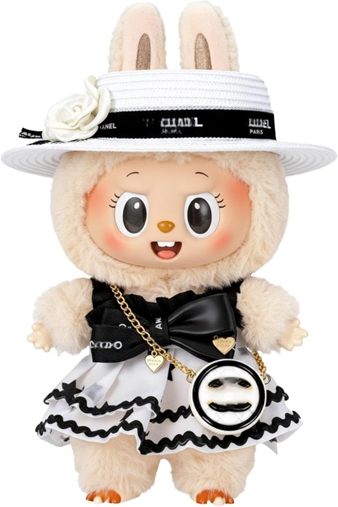 Doll Clothing Set (No Doll), Cute Cropped Straw Hat, Crossbody Bag, Dress, Suitable for 15-17cm Dolls, Outfit Accessory Set for Unique Styling (Black-A)
