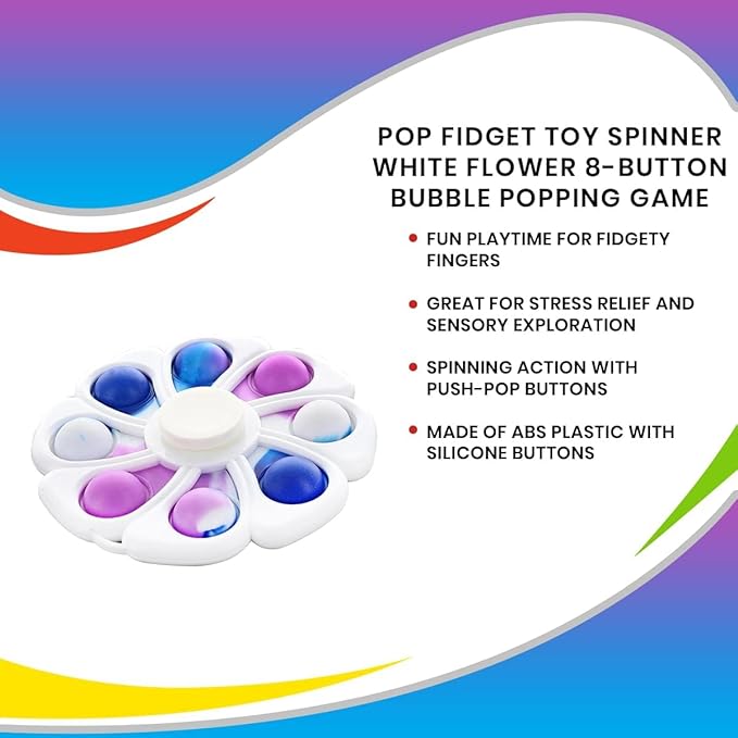 Pop Fidget Toy Spinner White Flower 8-Button Bubble Popping Game | Satisfying Hand Popper Sensory Toys for Special Needs, ADD, ADHD | Anxiety and Stress Relief Games, Novelty Gifts