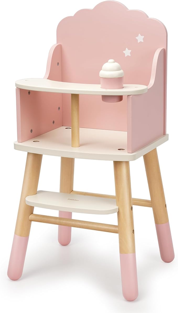 Pithfor Wooden Baby Doll High Chair, Doll Furniture, Fits Up to 18 inch Baby Dolls, 18 inch Doll Accessories - Pink