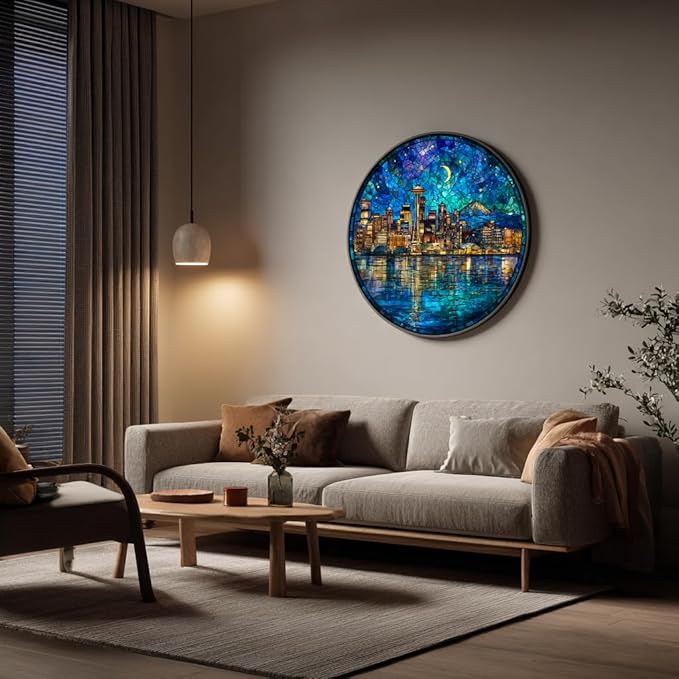 Bgraamiens 1000 Piece Jigsaw Puzzles for Adults – Seattle Skyline at Night – Stained Glass Style Cityscape with Moonlit Reflection – Artistic Urban Gift Challenge
