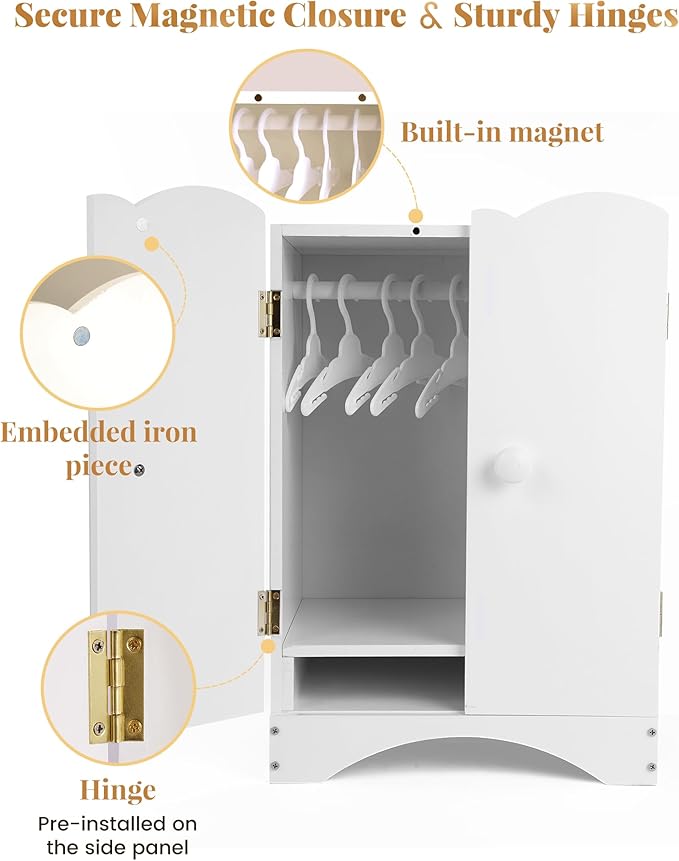 Wooden Baby Dolls Closet with 10 Hangers & Shelf, 12-16 Inch Doll Wardrobe for Baby Doll Clothes Storage, Magnetic Closure & Easy Assembly, Baby Doll Accessories Furniture