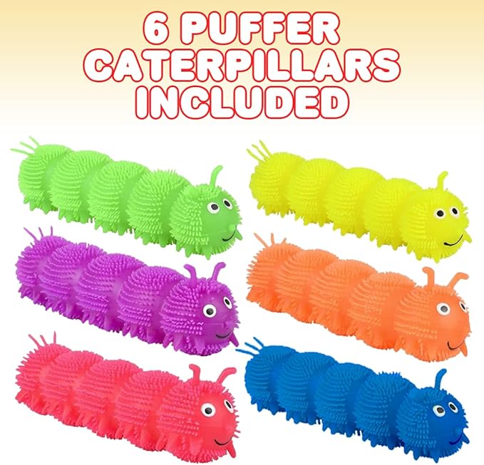 ArtCreativity Puffer Caterpillars, Set of 6, Squeeze Toys for Children in 6 Bright Colors, Kids’ Stress Relief Toys for Satisfying Sensory Feedback, Animal Party Decorations and Goodie Bag Fillers