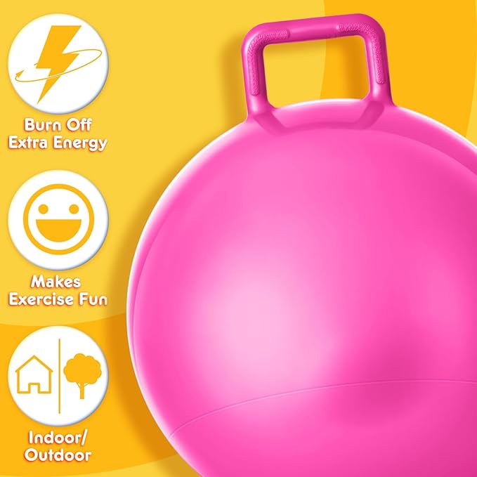 Lewtemi 3 Pcs 29 Inch Bouncing Ball with Handle, Outdoors Hopper Jumping Hopping Ball and Air Pump for Sports Exercise (Yellow, Light Green, Pink)