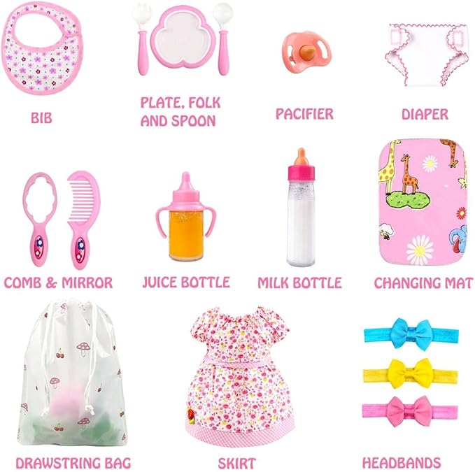 BNUZEIYI Baby Accessories - Feeding and Caring Set With Bottles, Diaper, Changing Mat, Clothes for 14-16 Inch Dolls, 18 Inch Pretend Play Set for Girls Gift