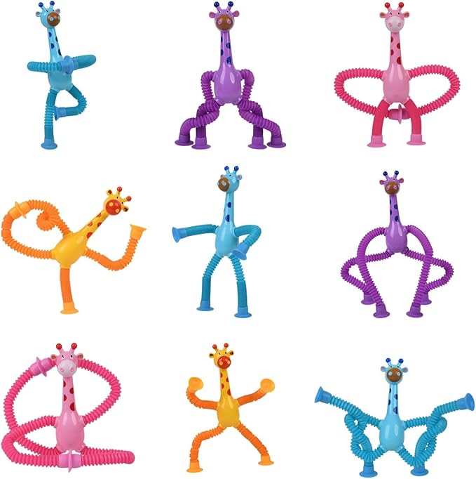 Pop Tubes Fidget Toys, 4-Pack Telescopic Suction Cup Toy for Kids Toddlers, Animal Autism Sensory Toy for Boys Girls, Funny Stocking Stuffers for Christmas Birthday Gift (Giraffe)