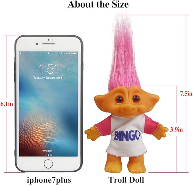 Vintage Troll Dolls, Retro Troll Doll Chromatic Adorable for Collections, School Project, Arts and Crafts, Party Favors - 7.5" Tall(Include The Length of Hair) (Pink)