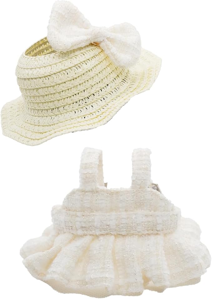 Doll Clothes for 17cm Dolls, Premium Handmade Fashion Clothes 3 Piece Set Including a Weaving Hat, Clothes and Bow with High-End Dolls Accessories for Play & Display - Pure White (No Doll No Logo)