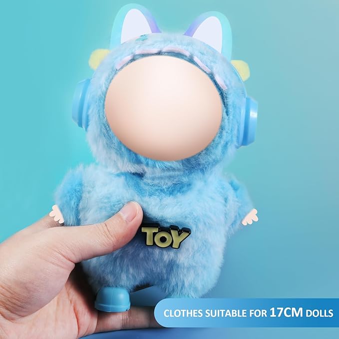17cm Doll Clothes Set for Labubu Dress Up,Cute Outfit ,4 Piece Hat Overalls Headphones Shoes Dolls Clothing Accessories(NO Doll) (Blue)