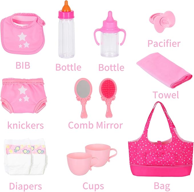 ECORELF Baby Doll Accessorie, 13 Pcs Doll Stuff Acessories Storage Diaper Bag Set for 14-18 Inch Dolls, Feeding and Caring Set Includes Diaper, Bottle etc Suitable Pretend Play