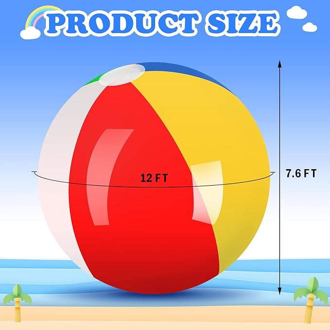 12 Foot Giant Inflatable Beach Ball Jumbo Rainbow Colored Beach Ball Large Beach Ball Big Pool Ball Inflatable Beach Ball Sport Beach Ball Jumbo Toy for Swimming Pool Water Game Toy Party Decor