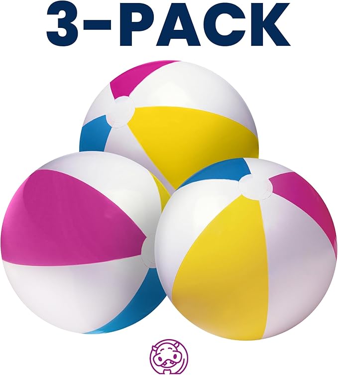 Happy Hippo 22" Beach Ball (Pack of 3), Inflatable Beach Balls, Swimming Pool Toys, Classic, Pastel