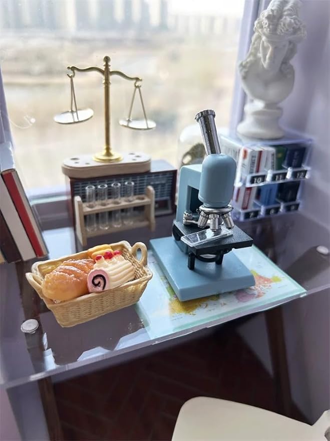 1:12 Scale Miniatures Laboratory Accessories for Mini Dollhouse,The Tiny Thing Including Microscope, Test Tube and Measuring Cup for Dollhouse Decoration and Miniatures Cake Topper(Blue Color)