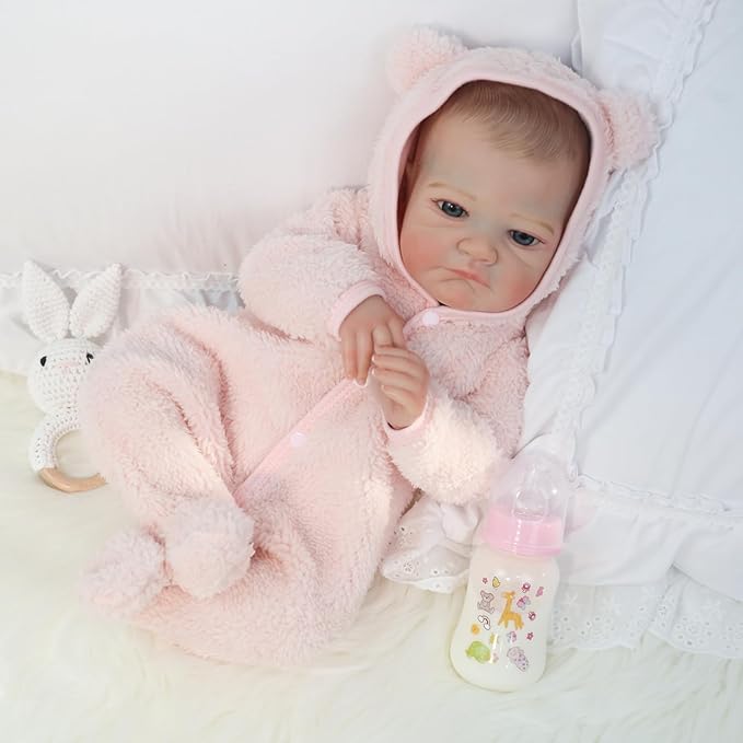 WOOROY Realistic Reborn Baby Doll - 20 Inch Lifelike Reborn Baby Girl with Open Eyes in Pink Plush Outfit, Handmade Collectible Gift with Accessories for Kids 3+