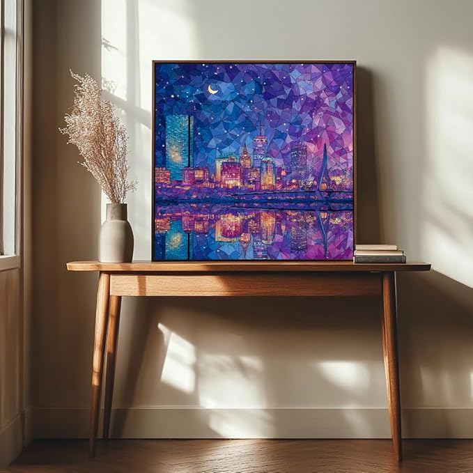 Bgraamiens 1000 Piece Jigsaw Puzzles for Adults – Boston Skyline at Night – Vibrant City Lights with Reflections – Challenging Urban Gift for Puzzle Lovers